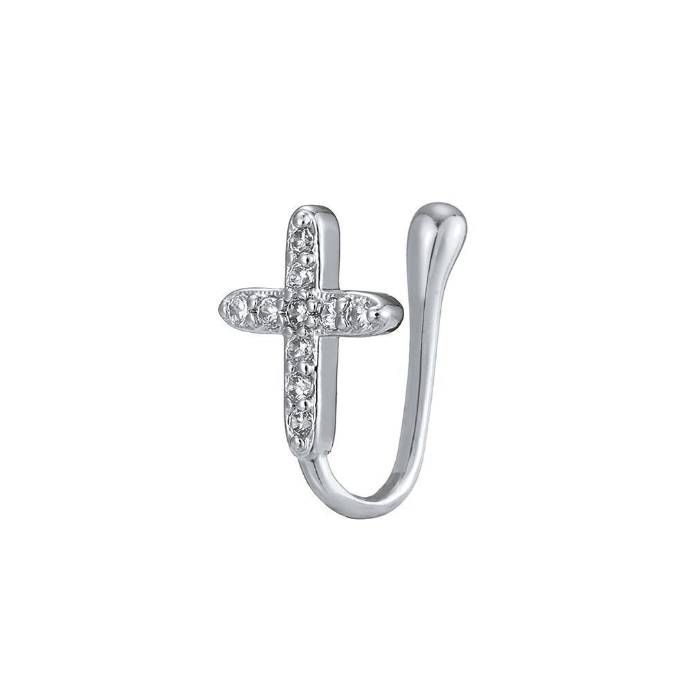 WHITE GOLD DIAMOND CROSS NOSE RING CUFF